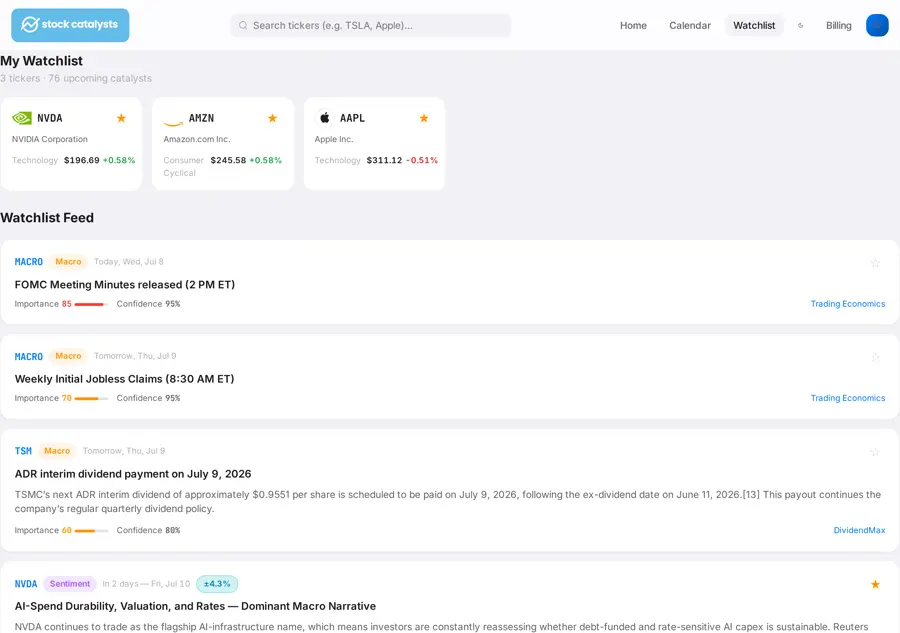 Personal watchlist page with saved tickers and a focused catalyst feed