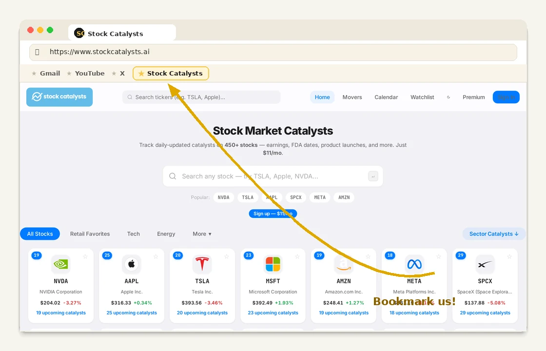 Browser bookmarks bar with Stock Catalysts starred and highlighted with a golden arrow pointing to it