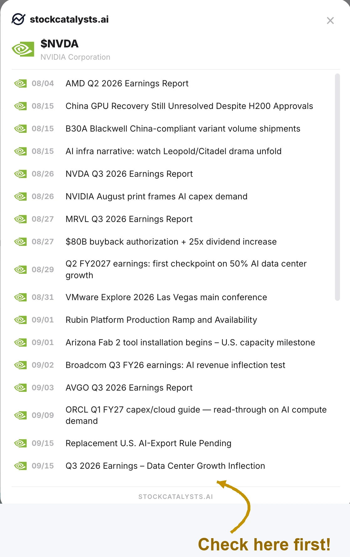 A ticker's catalyst roadmap with an arrow and label reading Check here first, pointing at the upcoming events list